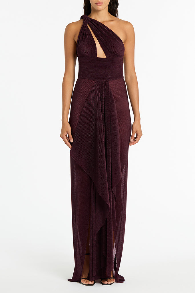 PLUM SHEER PLISSE ONE SHOULDER GOWN – Carla Zampatti