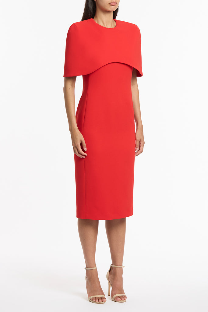 RED CREPE CURVED CAPE MIDI DRESS