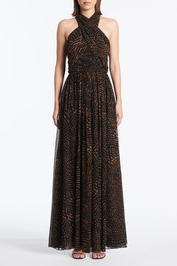 BLACK WAVE SILK WRAP BODICE GOWN