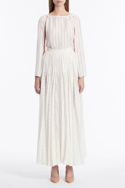 WHITE EYELASH STRIPE PLEATED CIRCLE SKIRT