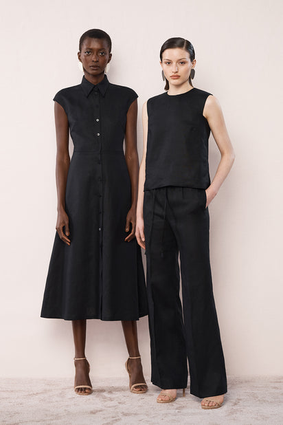 BLACK LINEN BUTTON UP DRESS