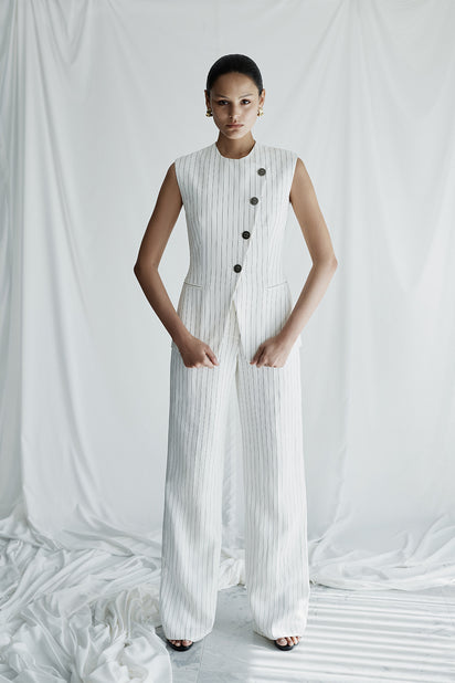 IVORY PINSTRIPE LINEN WIDE LEG PANT