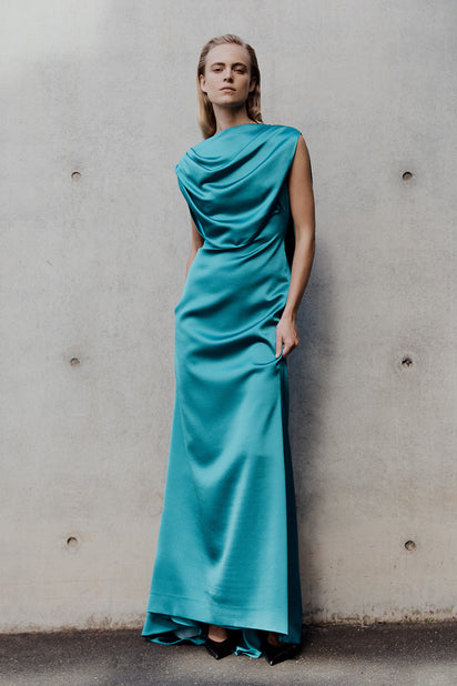 VIRIDIAN LUSTRE SATIN SHOULDER DRAPE GOWN