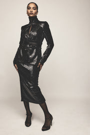 BLACK LIQUID SEQUIN LONG LINE PENCIL SKIRT