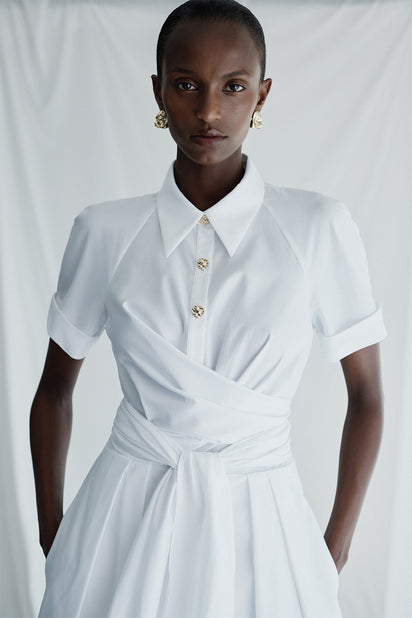 WHITE COTTON WRAP SHIRT DRESS