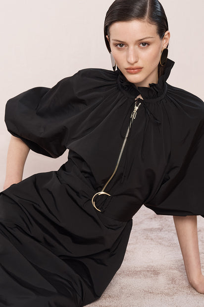BLACK TAFFETA RUFFLE ZIP DRESS