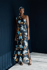 MIDNIGHT BOTANICA VISCOSE TWILL ONE SHOULDER DRESS