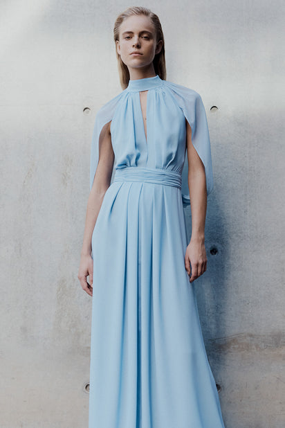 POWDER BLUE GEORGETTE HALTER CAPE GOWN