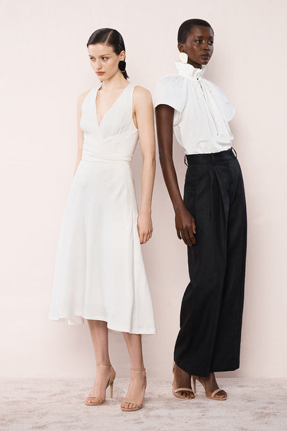 IVORY LINEN V-NECK WRAP DRESS