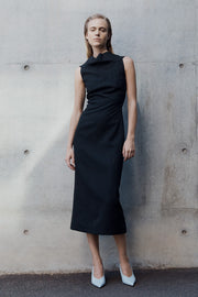 BLACK STARLIGHT TWILL COWL FRONT DRESS