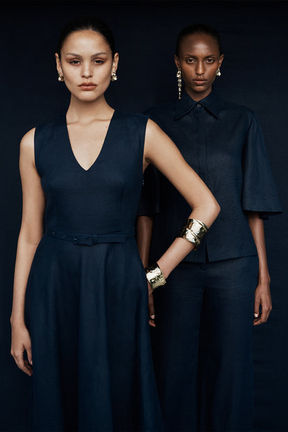 NAVY LINEN BELTED MIDI DRESS