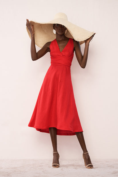 SCARLATTO LINEN V-NECK WRAP DRESS