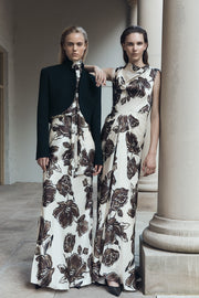 MOCHA BOUQUET SILK VISCOSE CINCHED MAXI DRESS