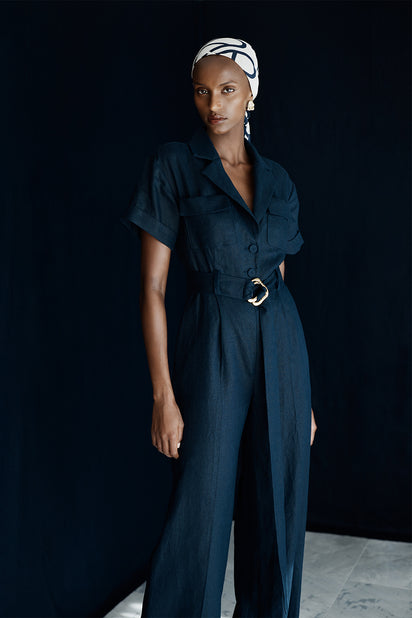 NAVY LINEN UTILITY BELTED JUMPSUIT