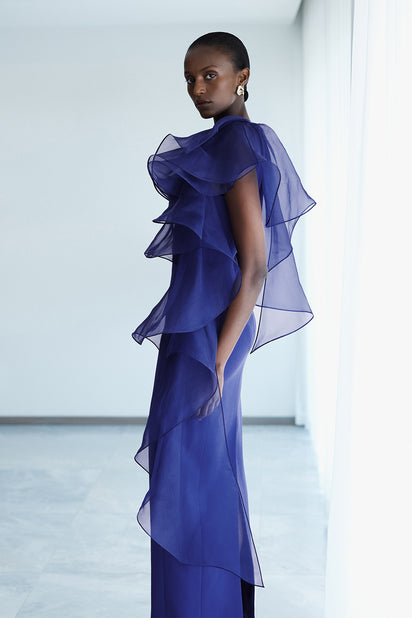 VIOLET CREPE RUFFLE SHOULDER GOWN