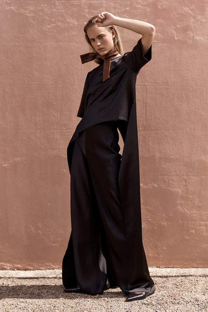 BLACK CHOCOLATE LUSTRE SATIN TAIL TOP