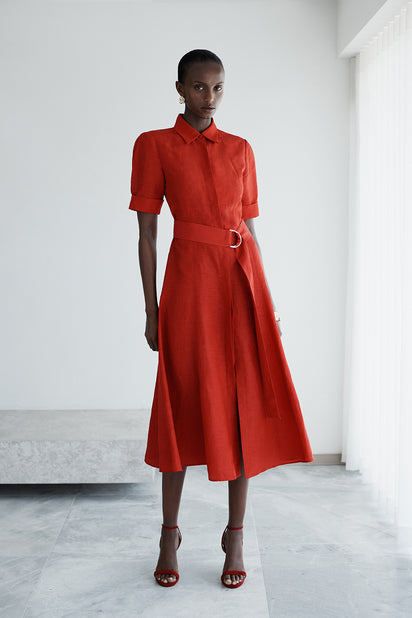 CRIMSON LINEN BLEND SHIRT DRESS