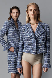 ROYAL METALLIC CHECK TWEED FRINGED COAT