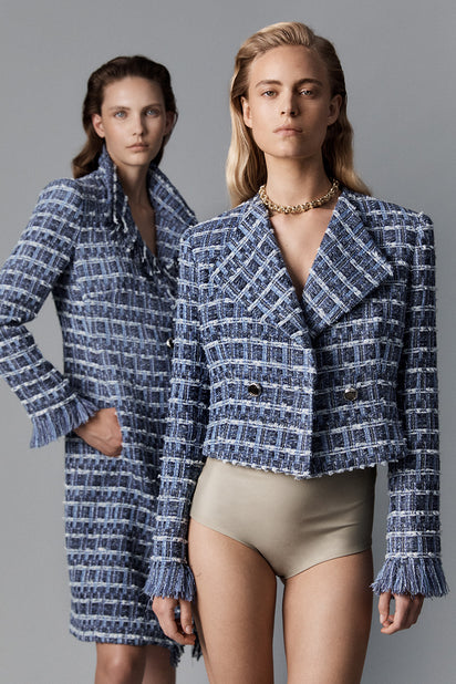 ROYAL METALLIC CHECK TWEED FRINGED CROPPED JACKET