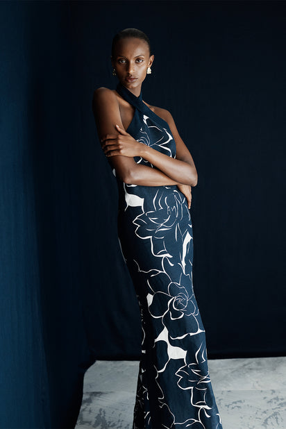 CELESTIAL PETALS LINEN HALTER NECK DRESS