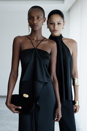 BLACK LUSTRE SATIN FRILL FRONT DRESS