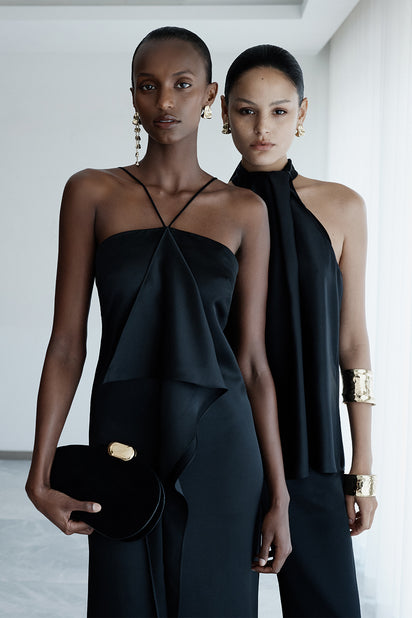 BLACK LUSTRE SATIN DRAPE NECK TOP