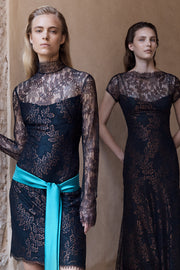 BLACK METALLIC LACE LONG SLEEVED SHORT DRESS