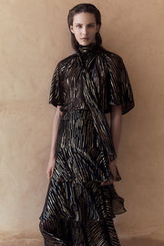 BLACK METALLIC SILK JACQUARD FLUTED SLEEVE TOP
