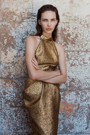 GOLD METALLIC BROCADE HALTER NECK DRESS