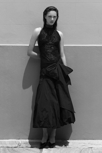 BLACK METALLIC LACE HALTER TOP