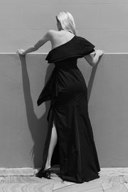 BLACK TAFFETA ASYMMETRIC ONE SHOULDER DRESS