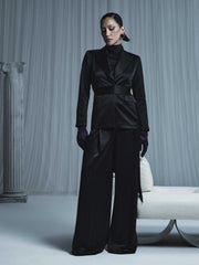 BLACK SATIN ACETATE DEEP PLEAT PANT