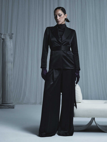 BLACK SATIN ACETATE DEEP PLEAT PANT