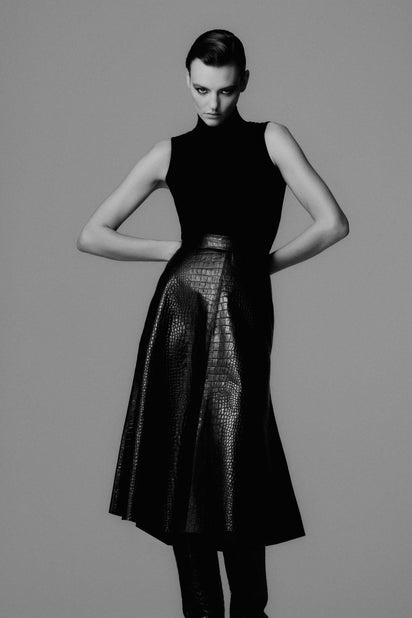 BLACK CROCO LEATHER FLUTED SKIRT