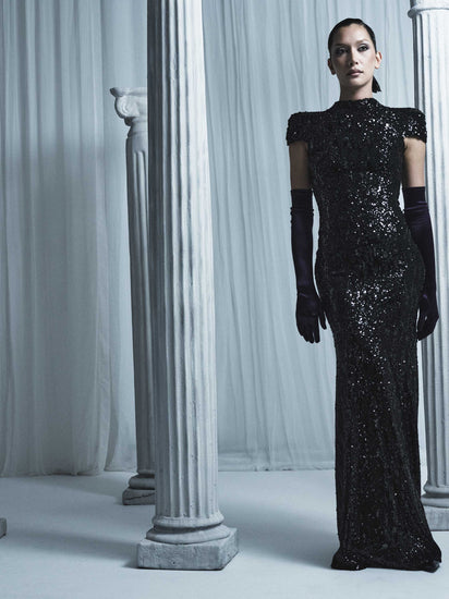 BLACK CASCADE SEQUIN RAGLAN SLEEVE GOWN