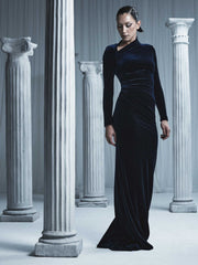 NAVY VELVET ASYMMETRIC NECK DETAIL GOWN