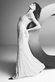 IVORY CRUSHED SEQUIN RAGLAN SLEEVE GOWN