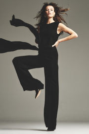BLACK CREPE WAISTED TIE FRONT JUMPSUIT