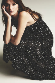 PINSPOT SILK BURNOUT PEAK HEM DRAPED DRESS