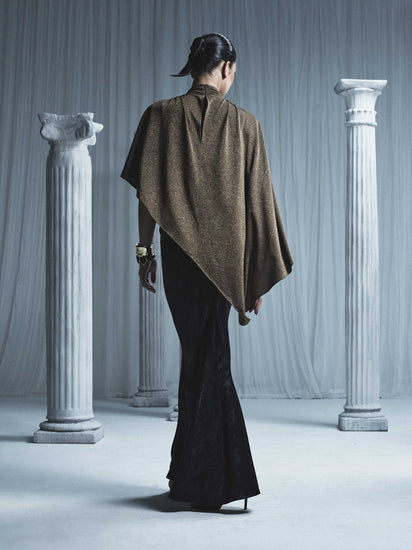 OLD GOLD LUREX KNIT ROUCHED NECK CAPE TOP
