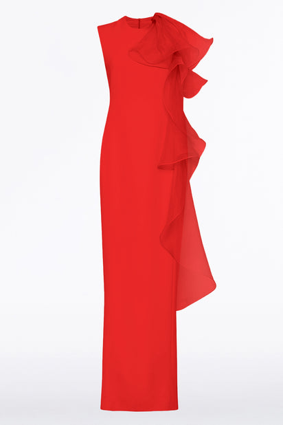 RED CREPE RUFFLE SHOULDER GOWN