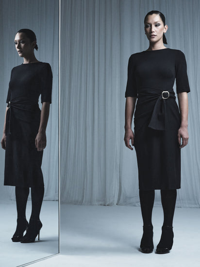 BLACK PONTE OVERLAY WRAP DRESS