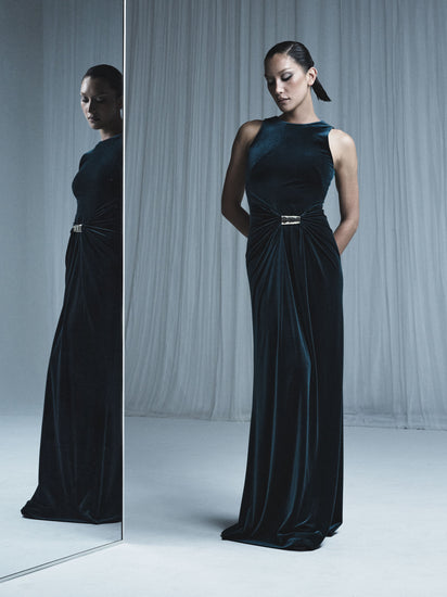 HUNTER GREEN VELVET GOLD DETAIL MAXI DRESS