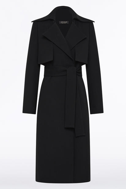 BLACK CREPE DOUBLE-BREASTED TRENCH COAT