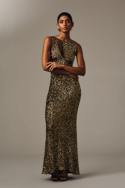BRONZE CRUSHED SEQUIN MESH-INSERT DRESS