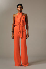 TANGERINE SILK TWILL RUFFLE HALTER TOP