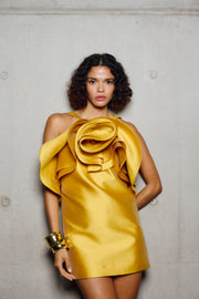 GOLDEN MATTE SATEEN SCULPTURAL FLOWER MINI DRESS
