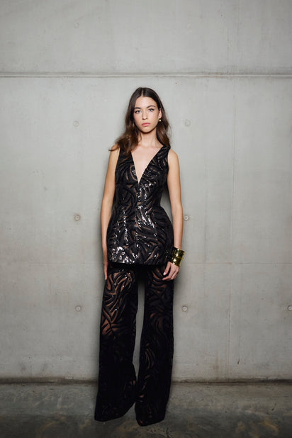 BLACK SWIRL SEQUIN PEPLUM TOP