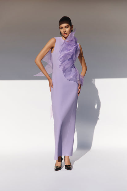 LILAC CREPE RUFFLE SHOULDER GOWN