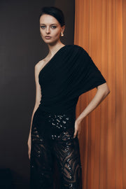 BLACK MESH ONE SHOULDER BODYSUIT